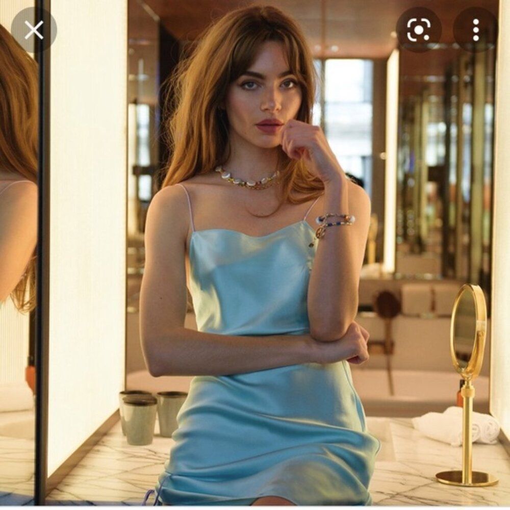 NWT DANNIJO ocean light blue lavender purple straps ruched silk mini slip dress